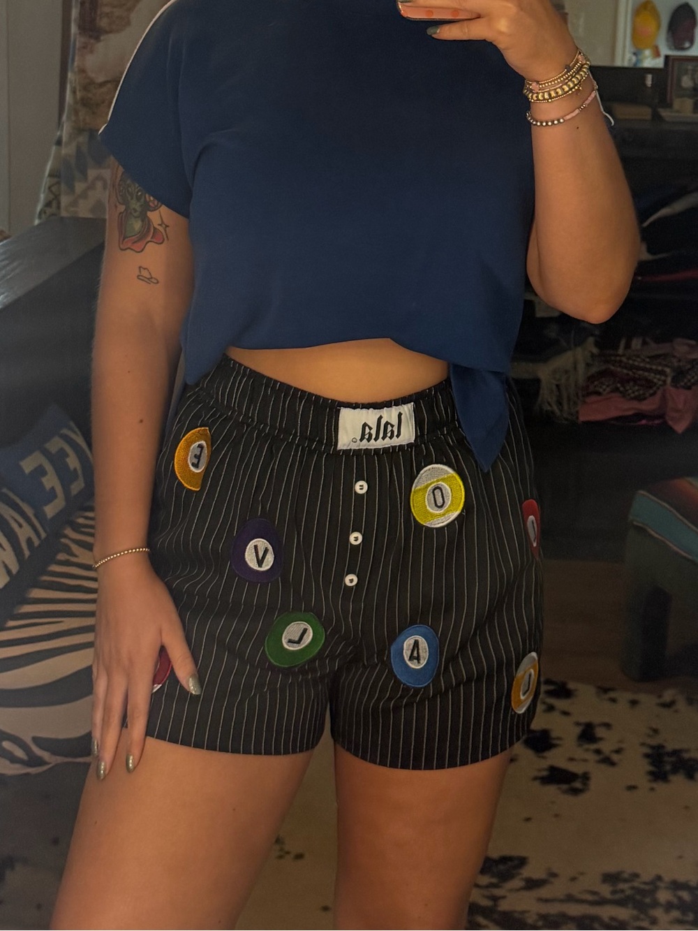 Dressed in Lala Black Pinstripe pool ball Patch High-Waist Women’s Shorts